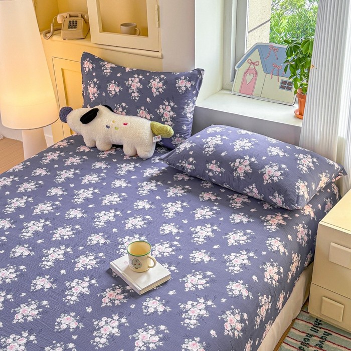 91家纺网 家纺一手货源 找家纺 温眠家纺 2025新款云感皱皱双层纱床笠 花簇