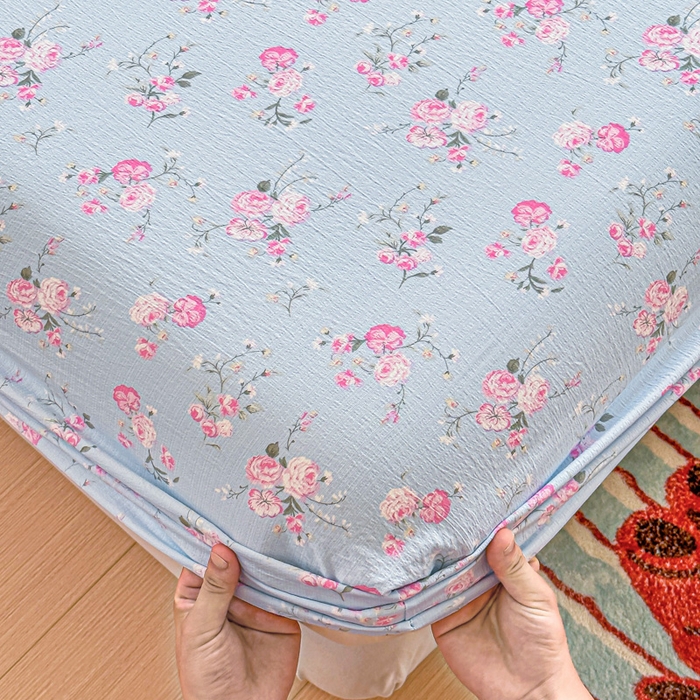 91家纺网 家纺一手货源 找家纺 温眠家纺 2025新款云感皱皱双层纱床笠 蓝溪