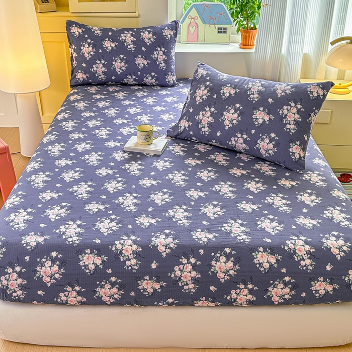 91家纺网 家纺一手货源 找家纺 温眠家纺 2025新款云感皱皱双层纱床笠 花簇