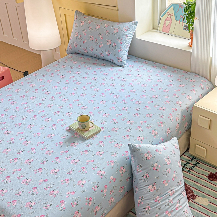 91家纺网 家纺一手货源 找家纺 温眠家纺 2025新款云感皱皱双层纱床笠 蓝溪