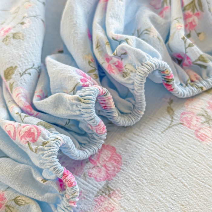 91家纺网 家纺一手货源 找家纺 温眠家纺 2025新款云感皱皱双层纱床笠 蓝溪