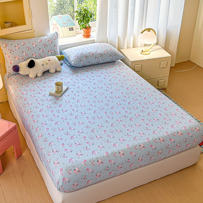 91家纺网 家纺一手货源 找家纺 温眠家纺 2025新款云感皱皱双层纱床笠 蓝溪