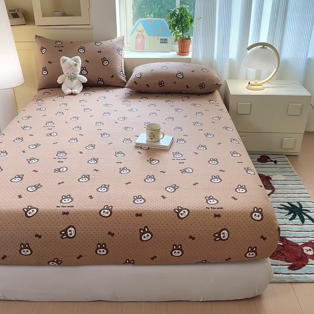 91家纺网 家纺一手货源 找家纺 温眠家纺 2025新款云感皱皱双层纱床笠 咖啡布布