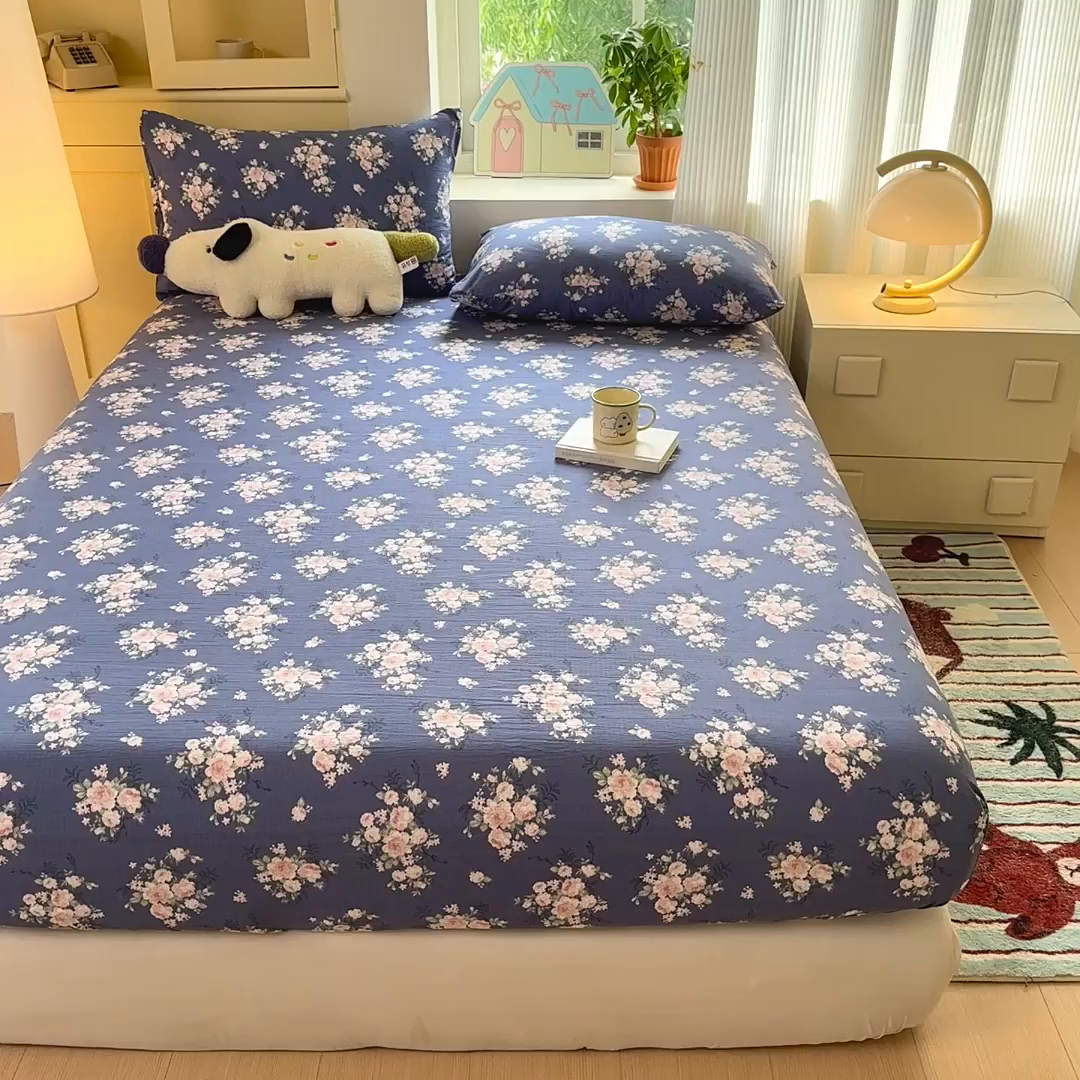 91家纺网 家纺一手货源 找家纺 温眠家纺 2025新款云感皱皱双层纱床笠 花簇