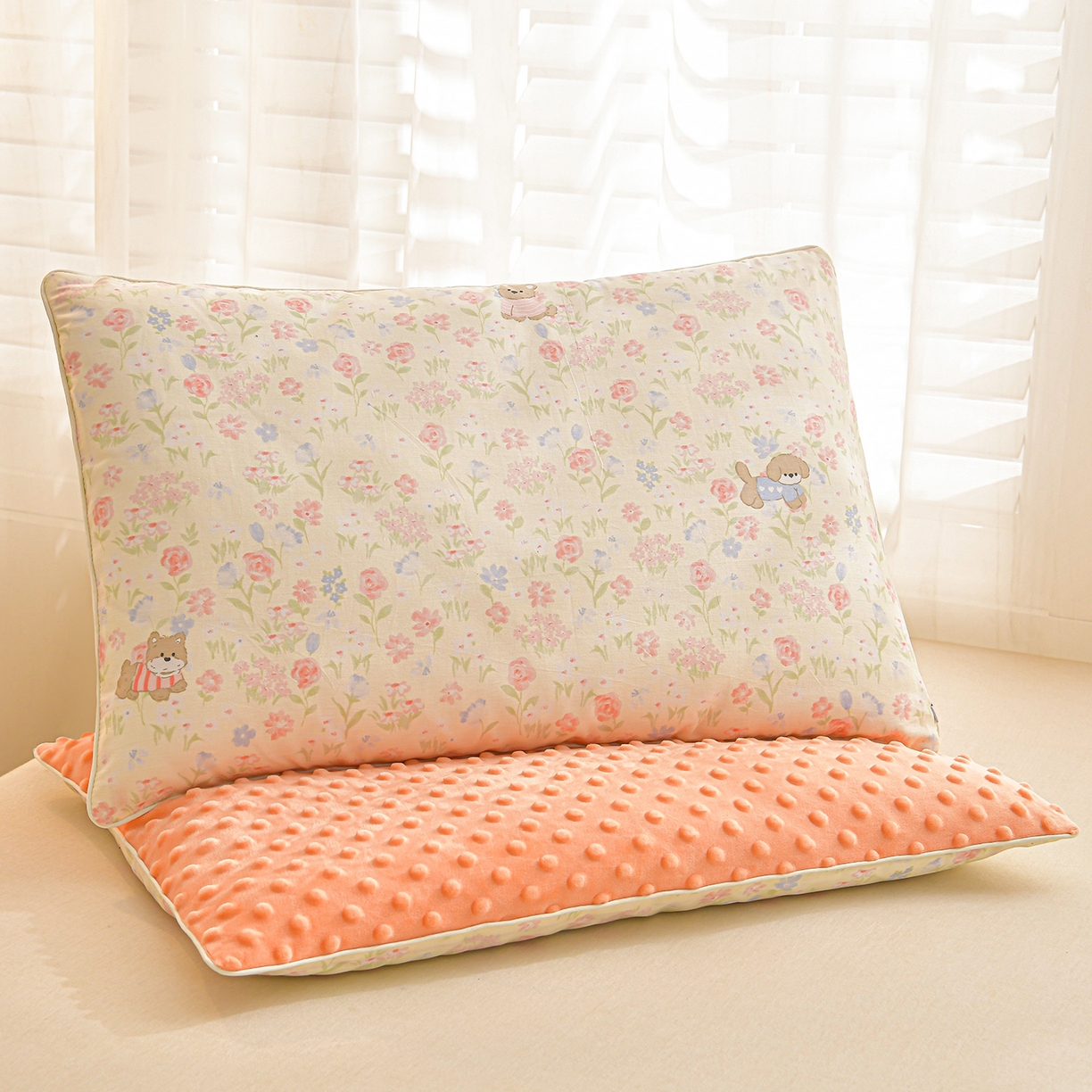 91家纺网 家纺一手货源 找家纺 铺尚美家纺 2026新款纯棉+豆豆绒棉花枕枕头枕芯 儿童枕芯 学生枕 花丛萌犬