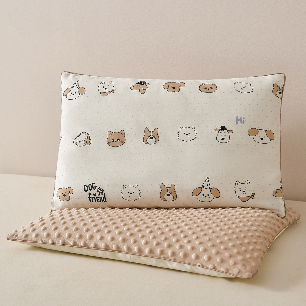 91家纺网 家纺一手货源 找家纺 铺尚美家纺 2026新款纯棉+豆豆绒棉花枕枕头枕芯 儿童枕芯 学生枕 简笔小汪