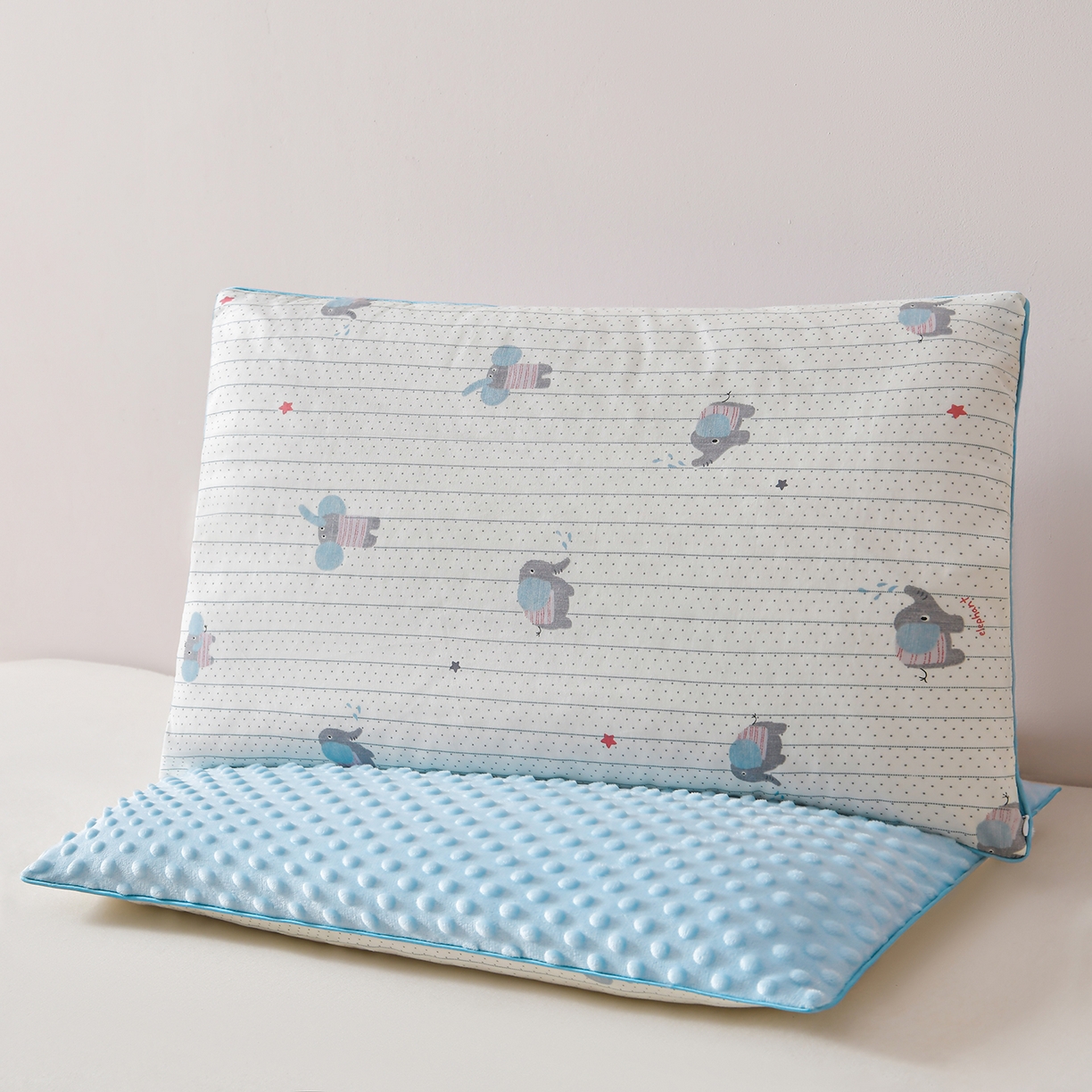 91家纺网 家纺一手货源 找家纺 铺尚美家纺 2026新款纯棉+豆豆绒棉花枕枕头枕芯 儿童枕芯 学生枕 星星小象蓝