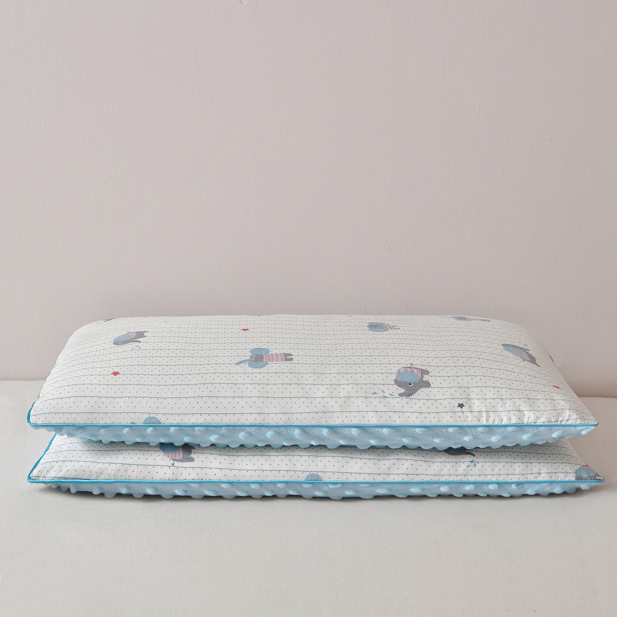 91家纺网 家纺一手货源 找家纺 铺尚美家纺 2026新款纯棉+豆豆绒棉花枕枕头枕芯 儿童枕芯 学生枕 星星小象蓝