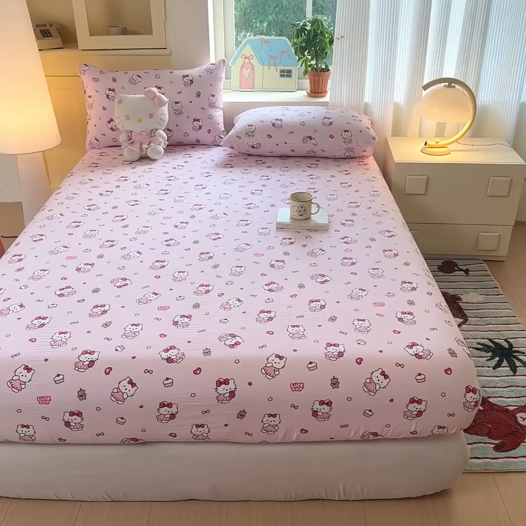 91家纺网 家纺一手货源 找家纺 温眠家纺 2025新款云感皱皱双层纱床笠 喵喵酱