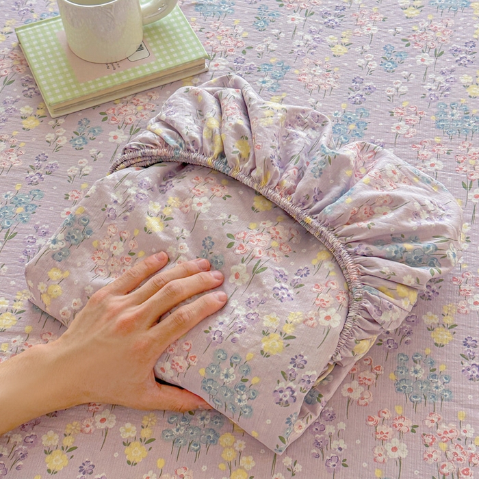 91家纺网 家纺一手货源 找家纺 温眠家纺 2025新款高克重云感双层纱床笠三件套学生床二件套床笠单品 双层纱床笠-海棠花颂紫