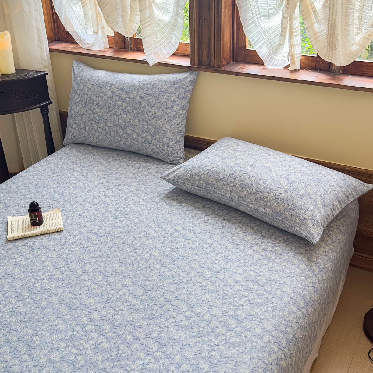 91家纺网 家纺一手货源 找家纺 温眠家纺 2025新款双层纱单件床笠床单 南亭晚风