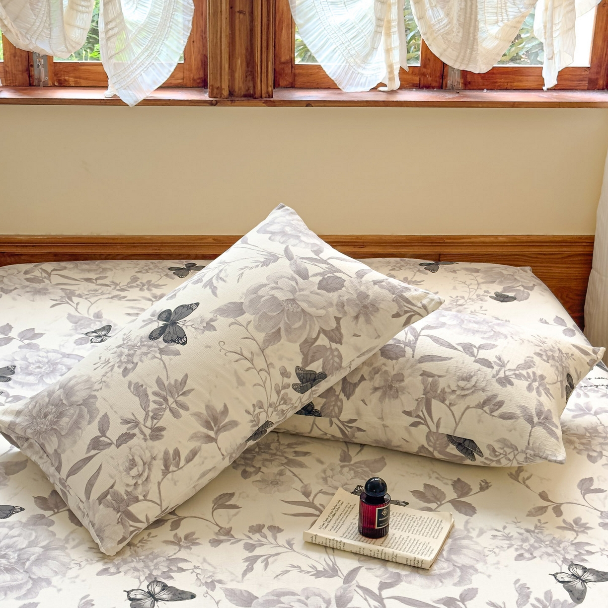 91家纺网 家纺一手货源 找家纺 温眠家纺 2025新款双层纱单件床笠床单 灰色蝶