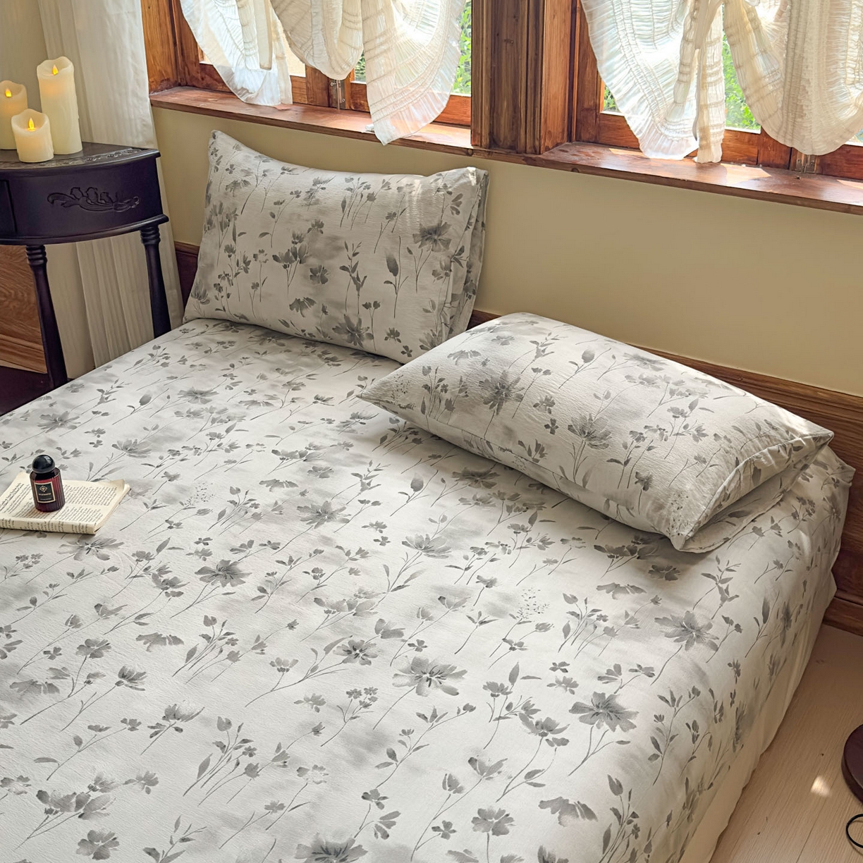 91家纺网 家纺一手货源 找家纺 温眠家纺 2025新款双层纱单件床笠床单 秘境烟雨