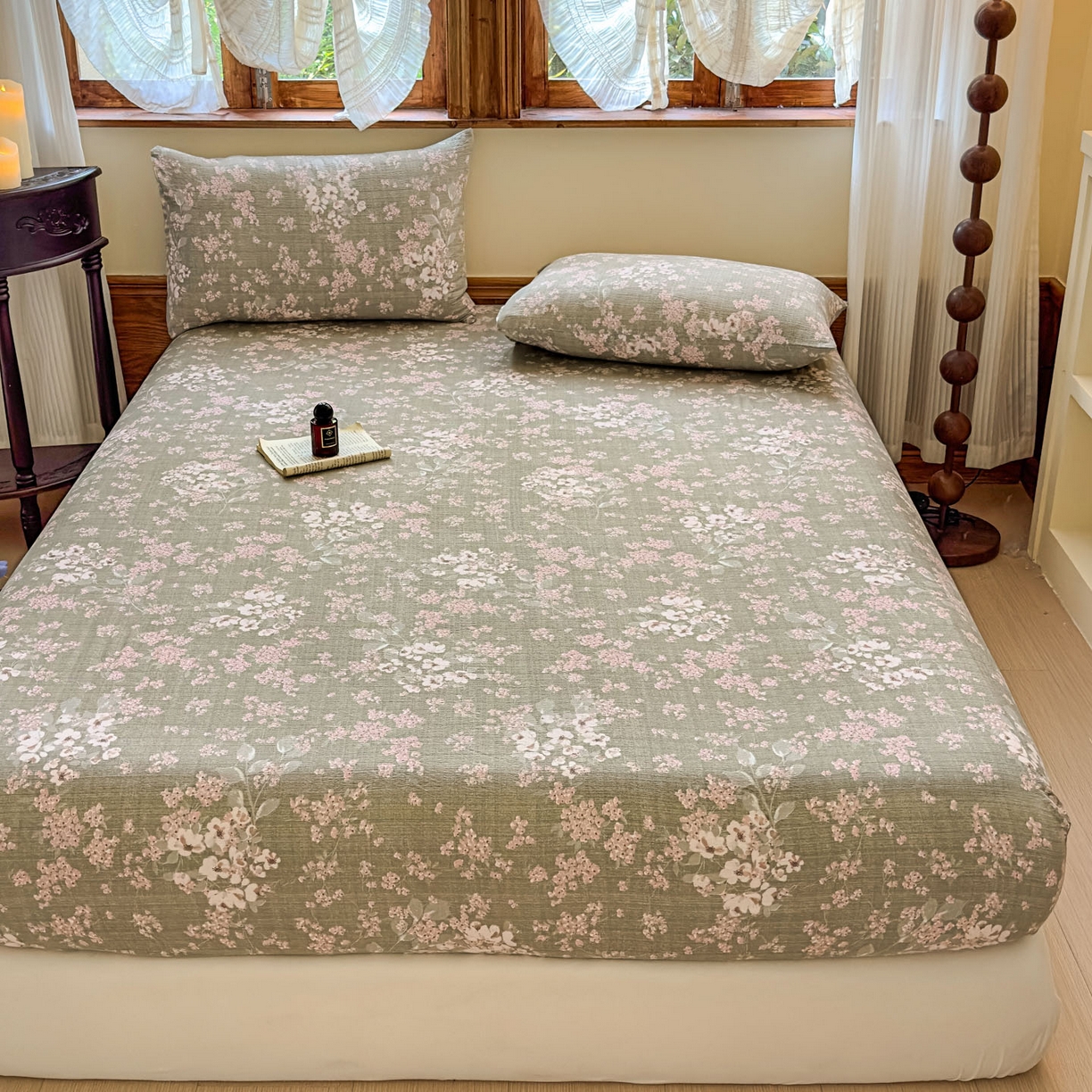 91家纺网 家纺一手货源 找家纺 温眠家纺 2025新款双层纱单件床笠床单 云卷抒