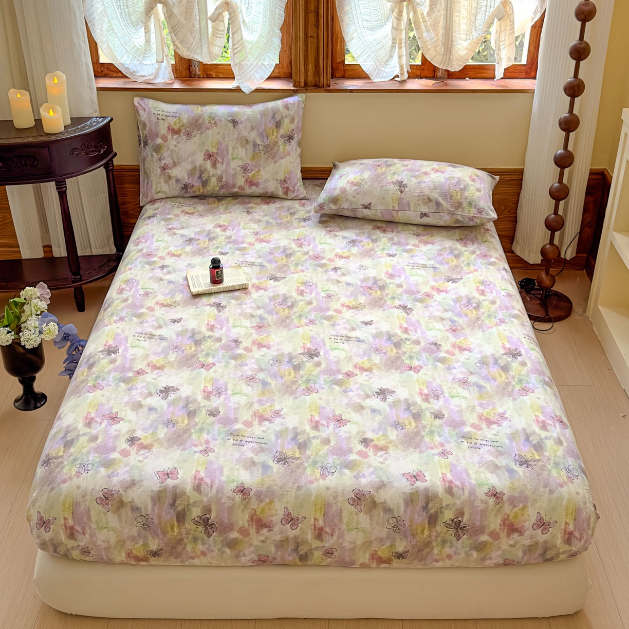 91家纺网 家纺一手货源 找家纺 温眠家纺 2025新款双层纱单件床笠床单 油彩蝶梦