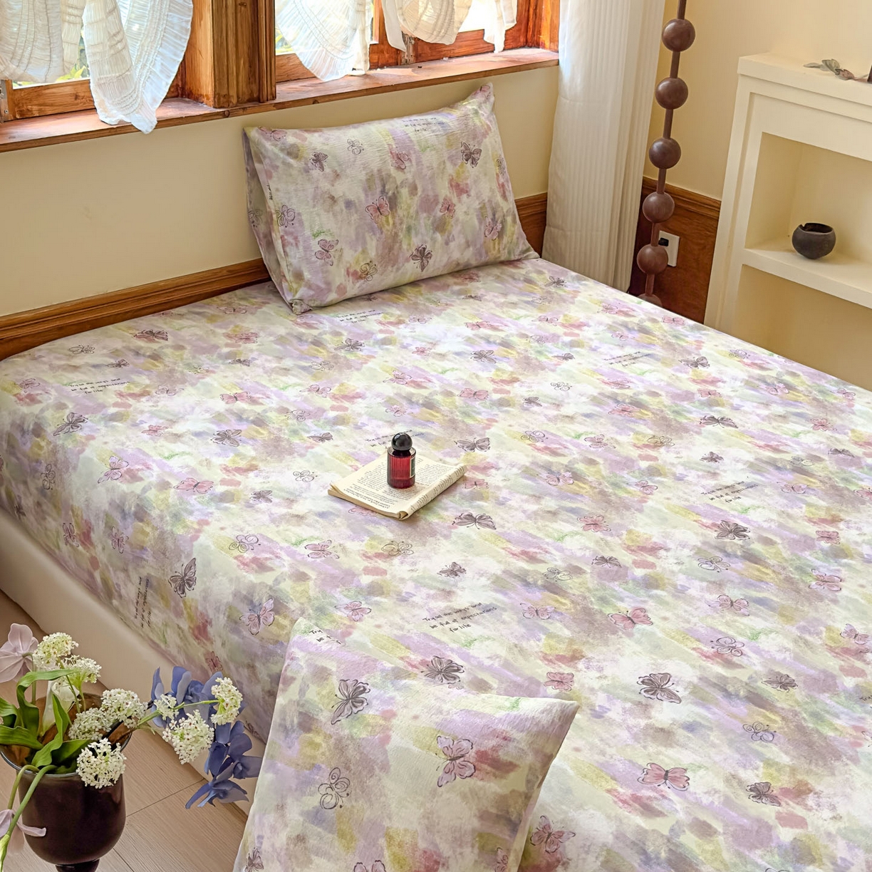 91家纺网 家纺一手货源 找家纺 温眠家纺 2025新款双层纱单件床笠床单 油彩蝶梦