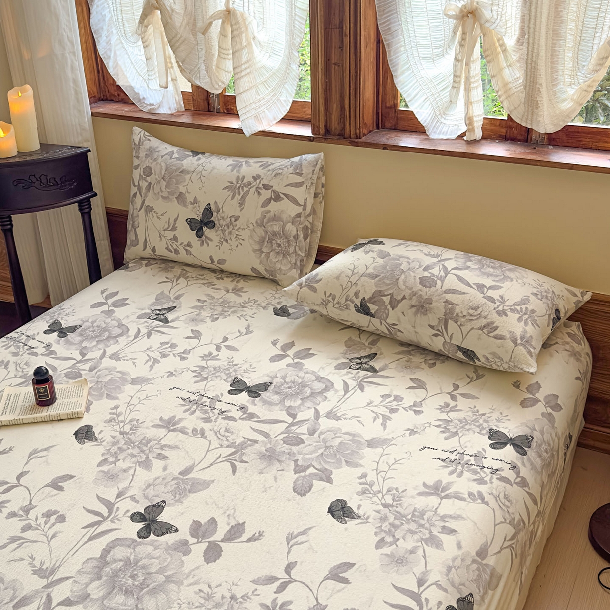 91家纺网 家纺一手货源 找家纺 温眠家纺 2025新款双层纱单件床笠床单 灰色蝶