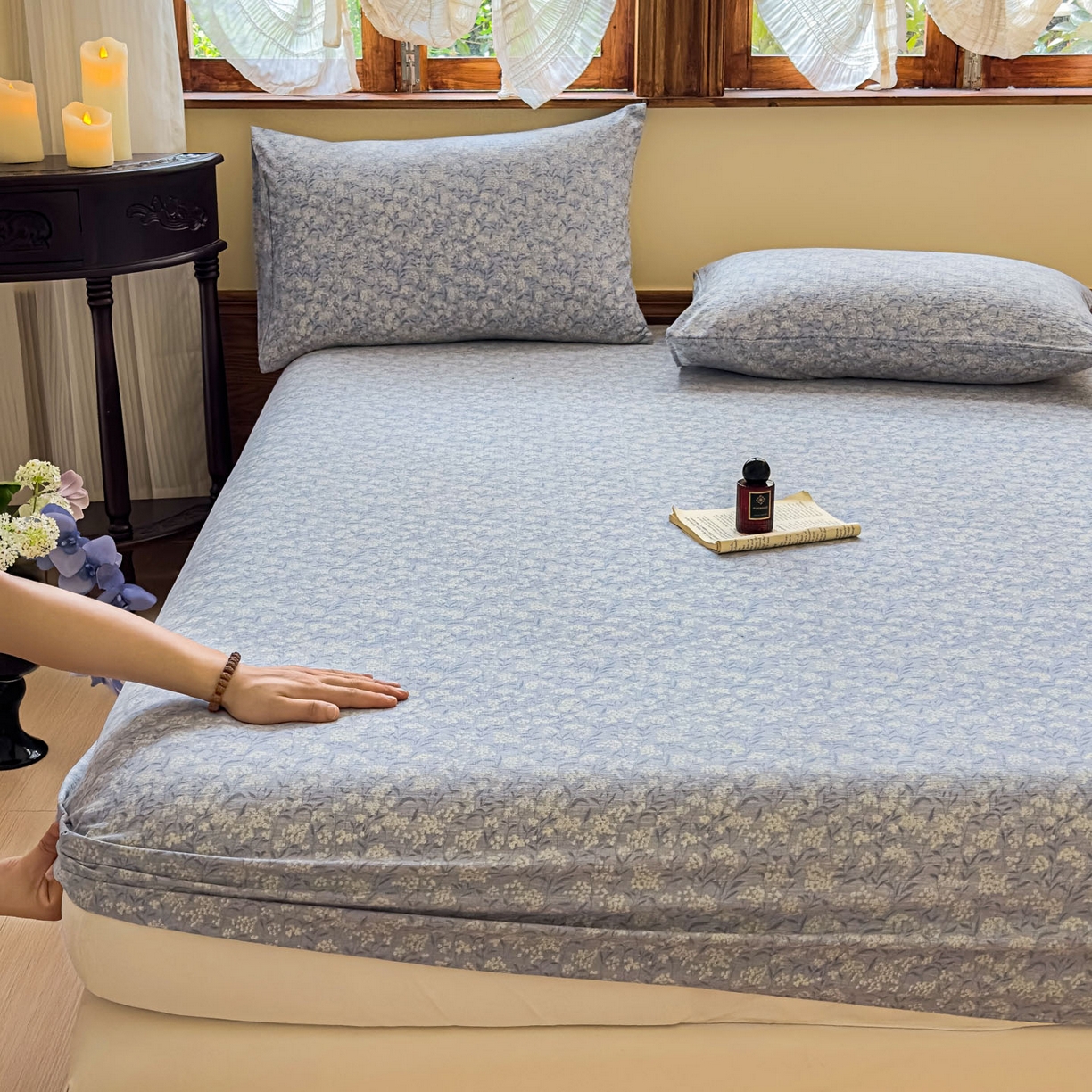 91家纺网 家纺一手货源 找家纺 温眠家纺 2025新款双层纱单件床笠床单 南亭晚风