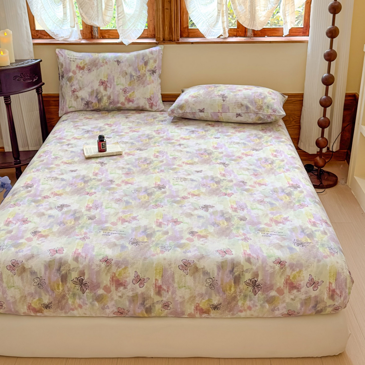 91家纺网 家纺一手货源 找家纺 温眠家纺 2025新款双层纱单件床笠床单 油彩蝶梦