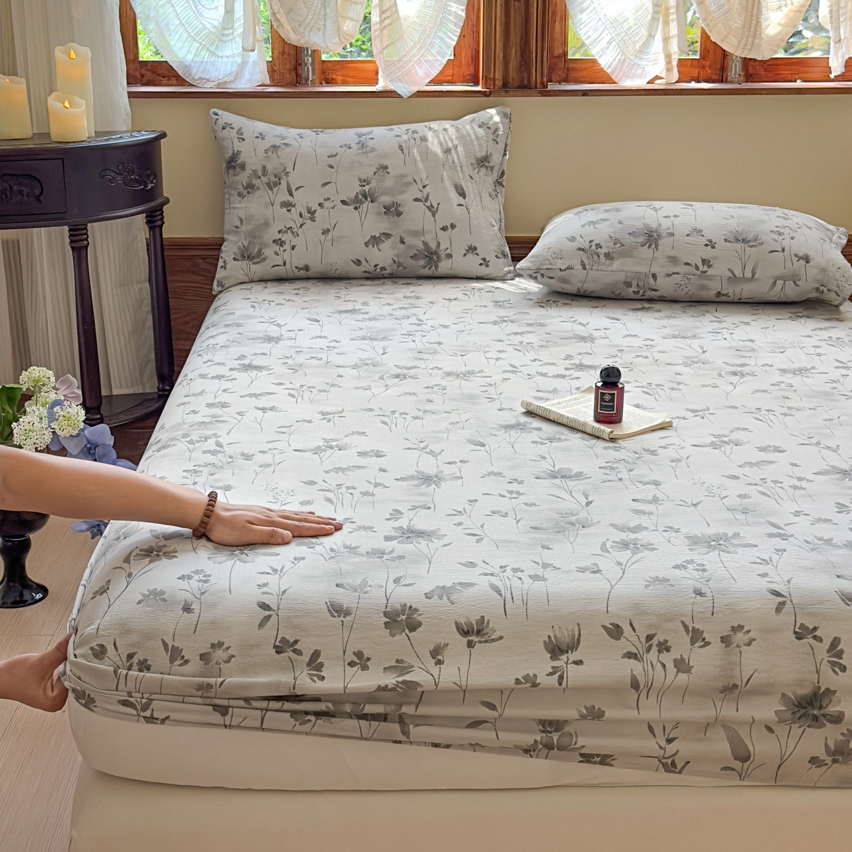 91家纺网 家纺一手货源 找家纺 温眠家纺 2025新款双层纱单件床笠床单 秘境烟雨