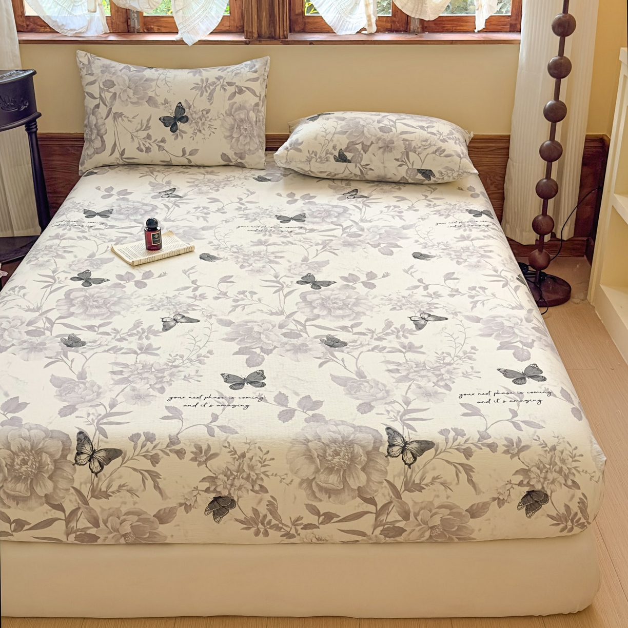 91家纺网 家纺一手货源 找家纺 温眠家纺 2025新款双层纱单件床笠床单 灰色蝶