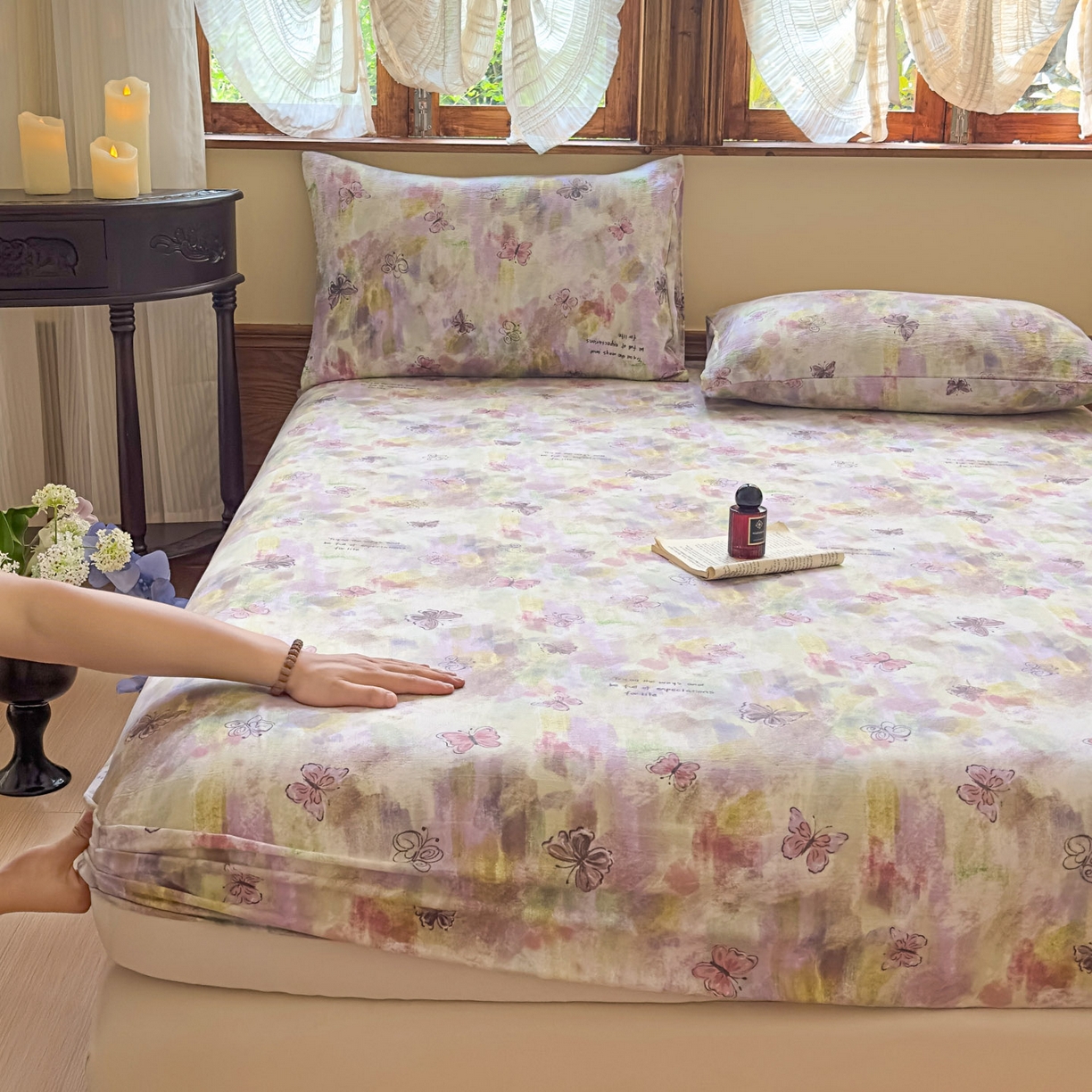 91家纺网 家纺一手货源 找家纺 温眠家纺 2025新款双层纱单件床笠床单 油彩蝶梦