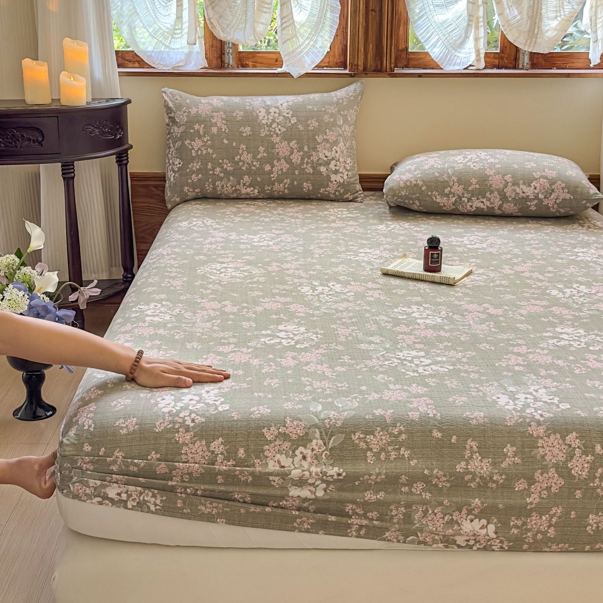 91家纺网 家纺一手货源 找家纺 温眠家纺 2025新款双层纱单件床笠床单 云卷抒