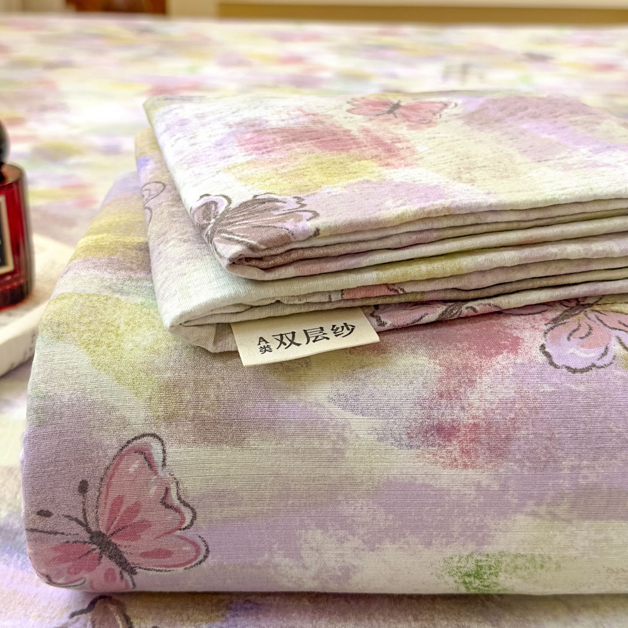温眠家纺 2025新款双层纱单件床笠床单 油彩蝶梦