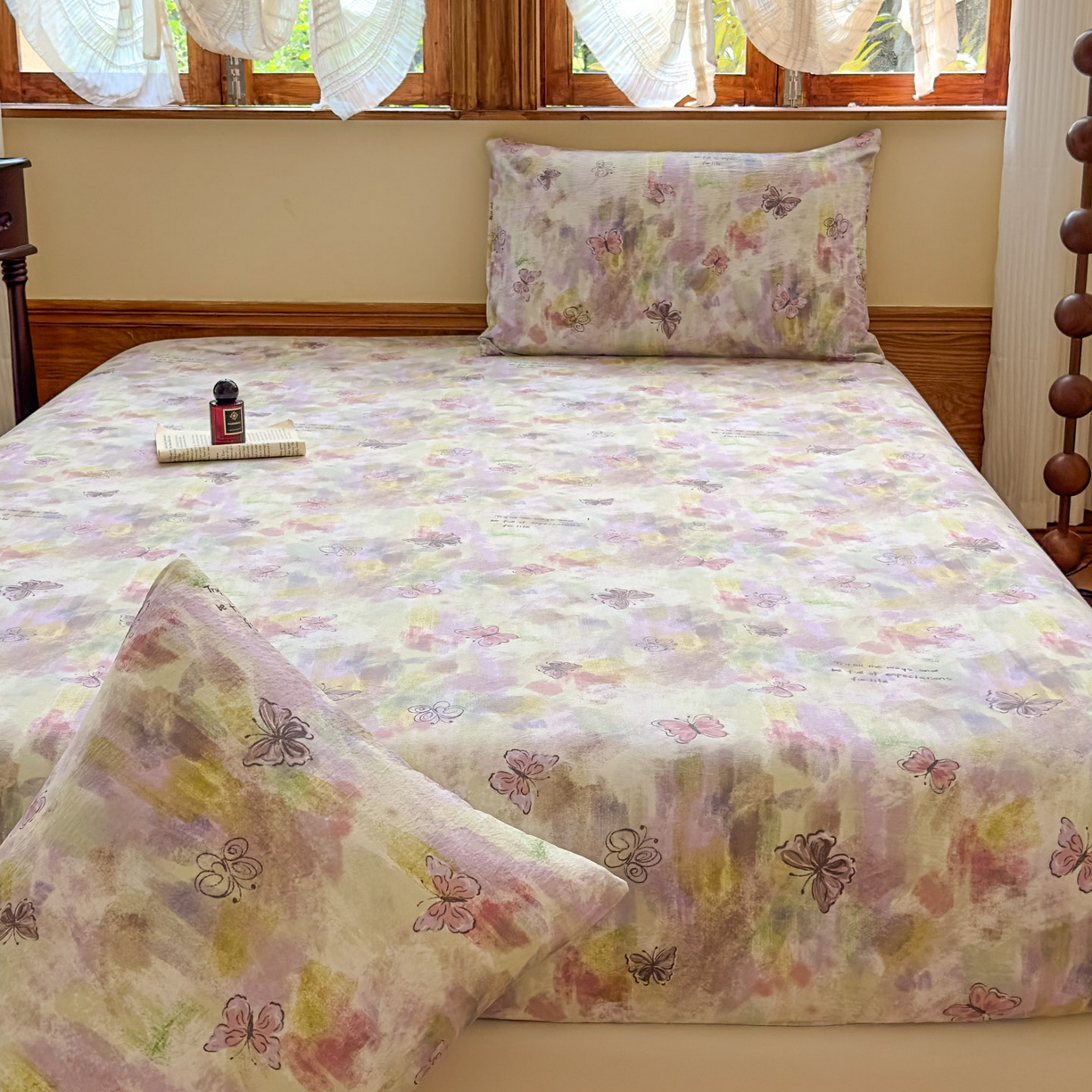 91家纺网 家纺一手货源 找家纺 温眠家纺 2025新款双层纱单件床笠床单 油彩蝶梦