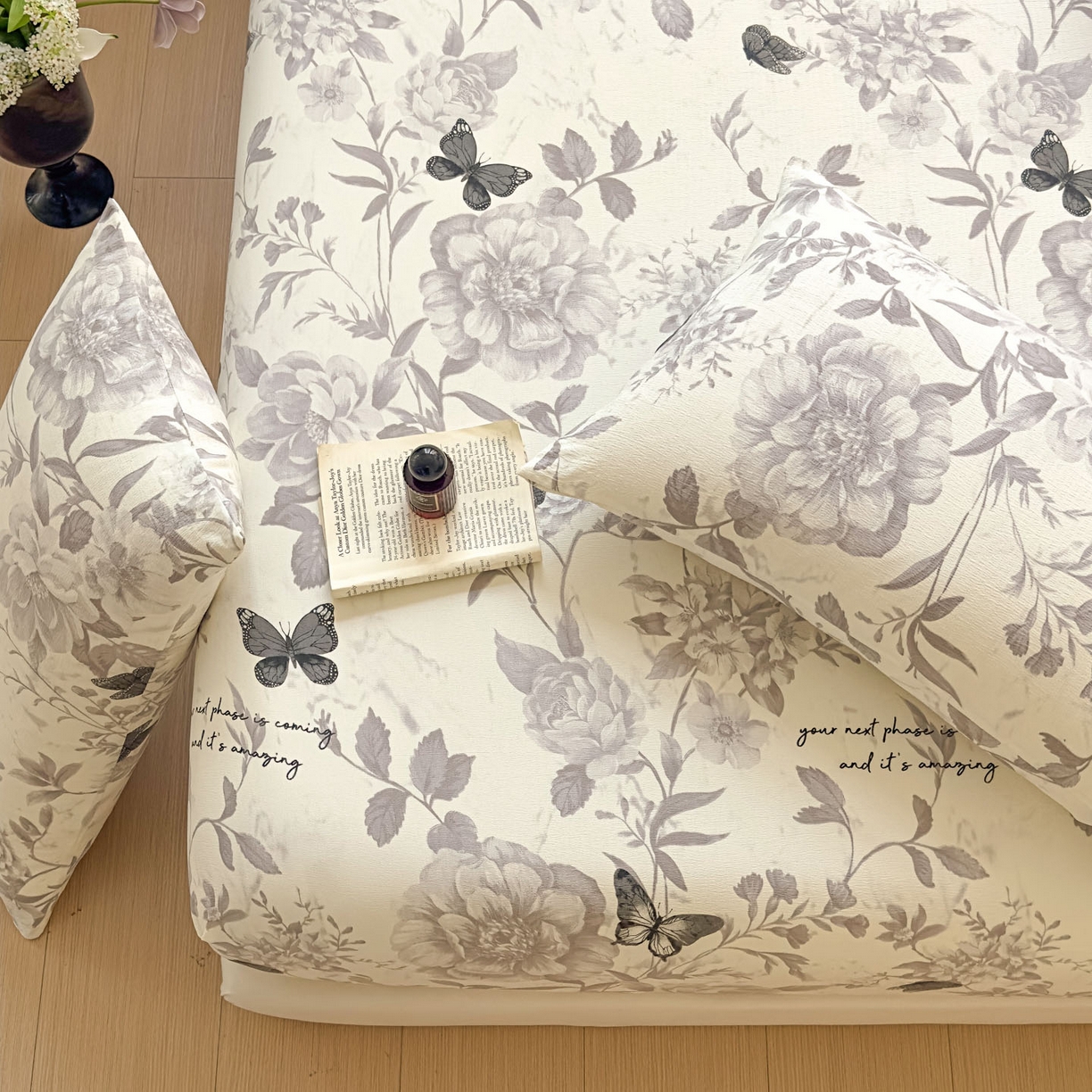 91家纺网 家纺一手货源 找家纺 温眠家纺 2025新款双层纱单件床笠床单 灰色蝶