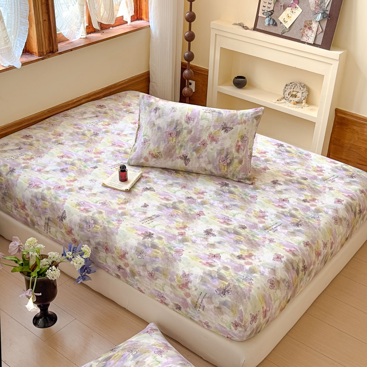 91家纺网 家纺一手货源 找家纺 温眠家纺 2025新款双层纱单件床笠床单 油彩蝶梦