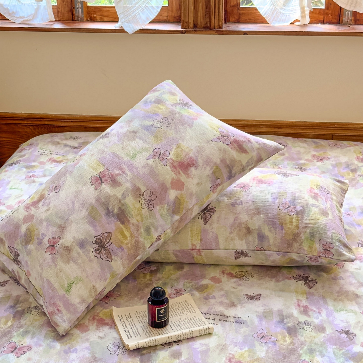 91家纺网 家纺一手货源 找家纺 温眠家纺 2025新款双层纱单件床笠床单 油彩蝶梦