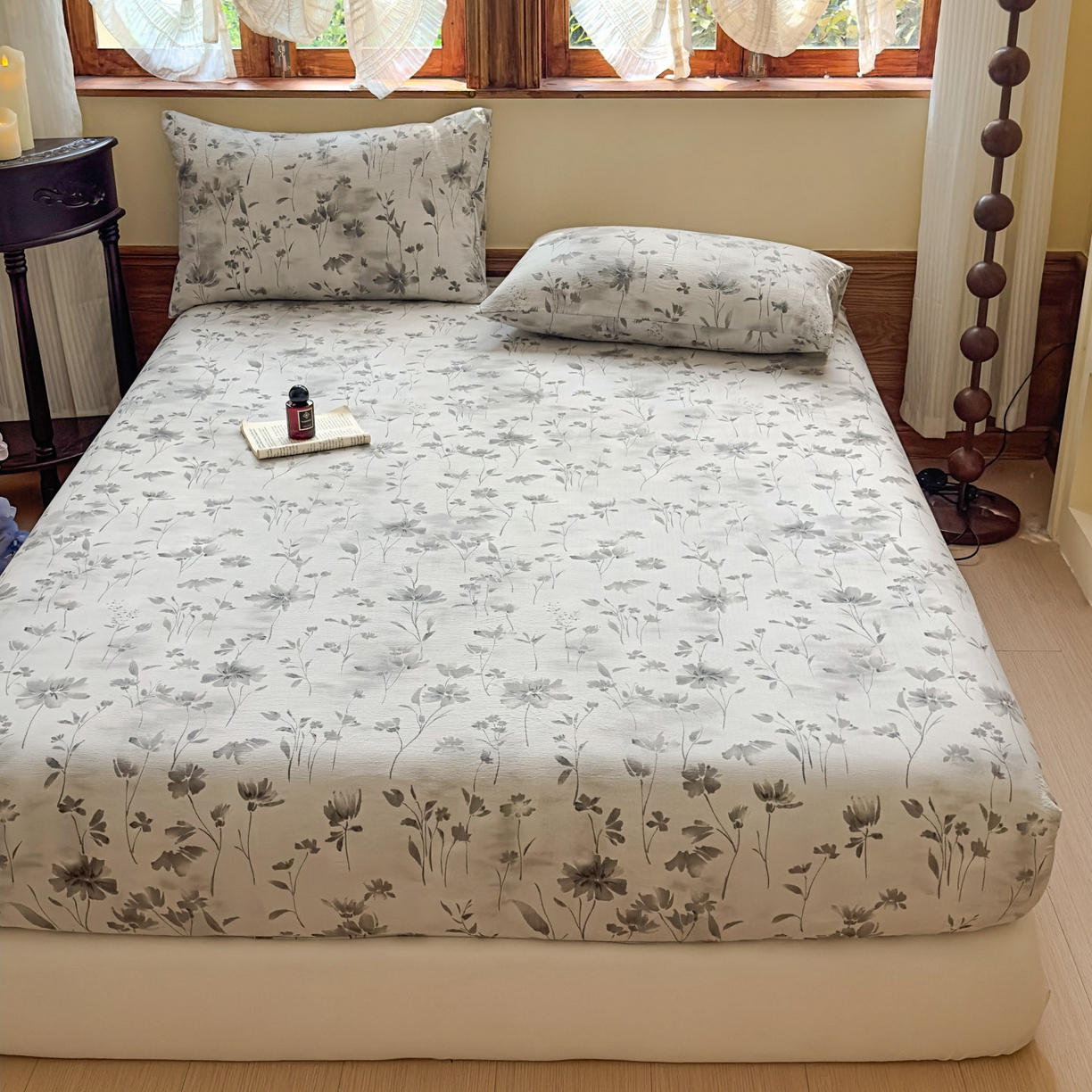 91家纺网 家纺一手货源 找家纺 温眠家纺 2025新款双层纱单件床笠床单 秘境烟雨