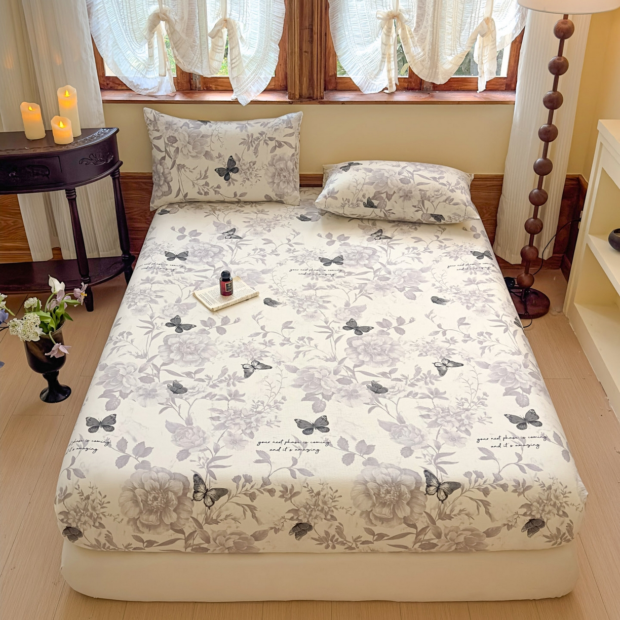 91家纺网 家纺一手货源 找家纺 温眠家纺 2025新款双层纱单件床笠床单 灰色蝶