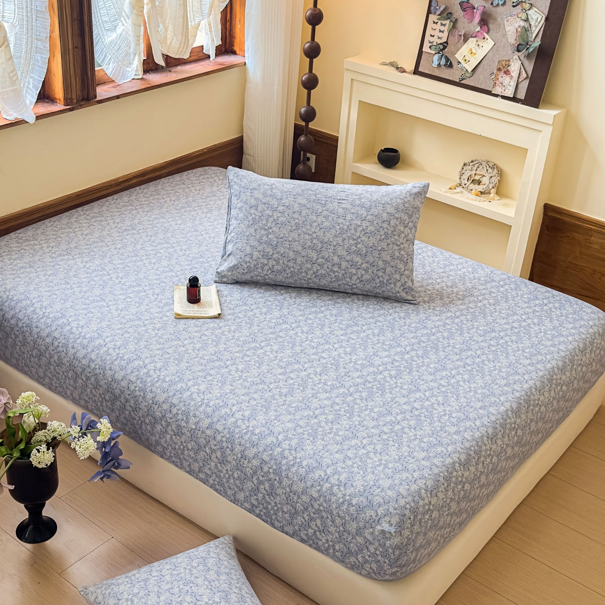 91家纺网 家纺一手货源 找家纺 温眠家纺 2025新款双层纱单件床笠床单 南亭晚风