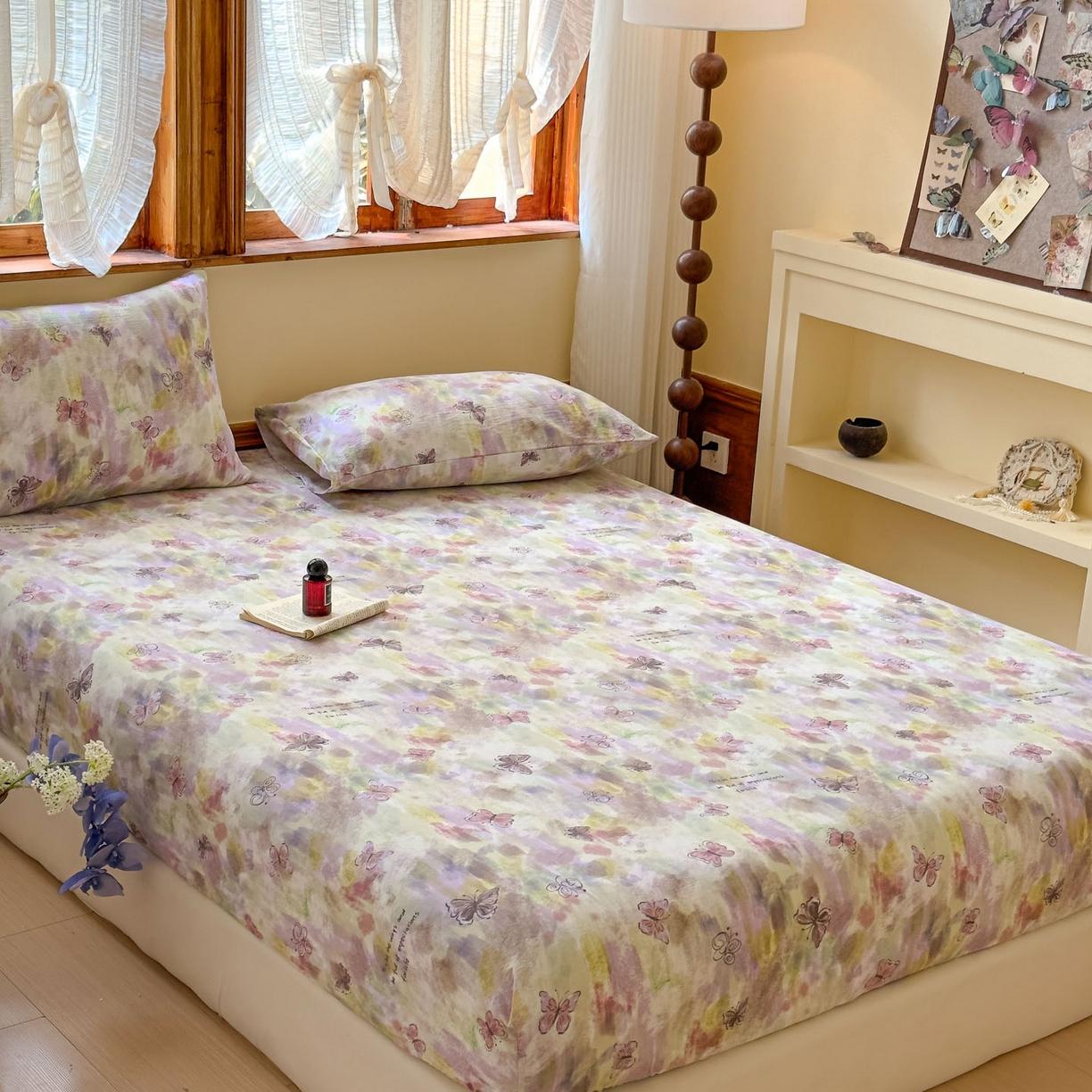 91家纺网 家纺一手货源 找家纺 温眠家纺 2025新款双层纱单件床笠床单 油彩蝶梦