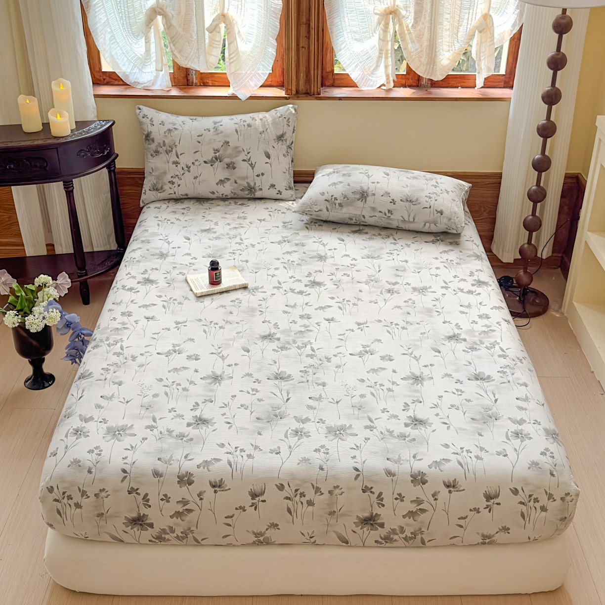 91家纺网 家纺一手货源 找家纺 温眠家纺 2025新款双层纱单件床笠床单 秘境烟雨