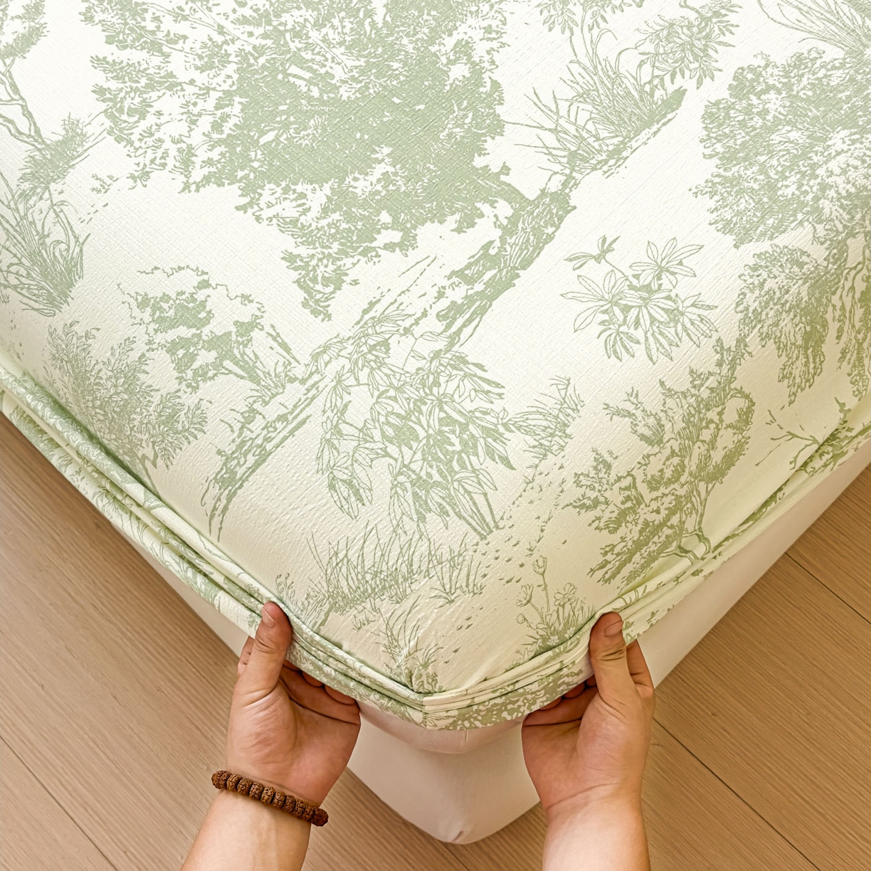 91家纺网 家纺一手货源 找家纺 温眠家纺 2025新款双层纱单件床笠床单 烟雨