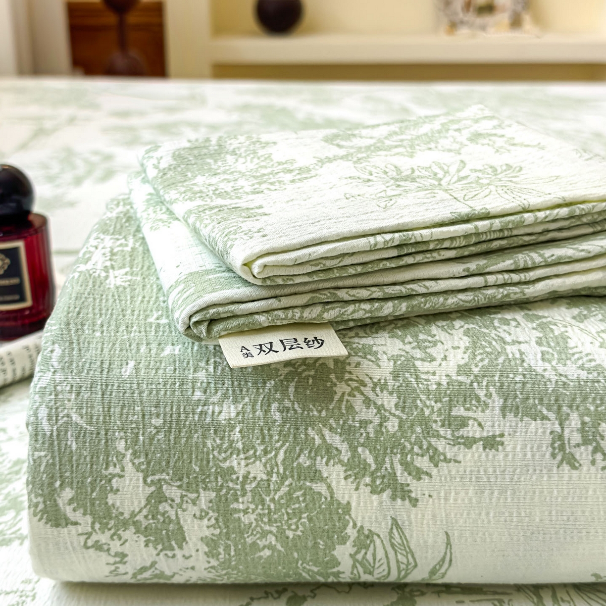 温眠家纺 2025新款双层纱单件床笠床单 烟雨