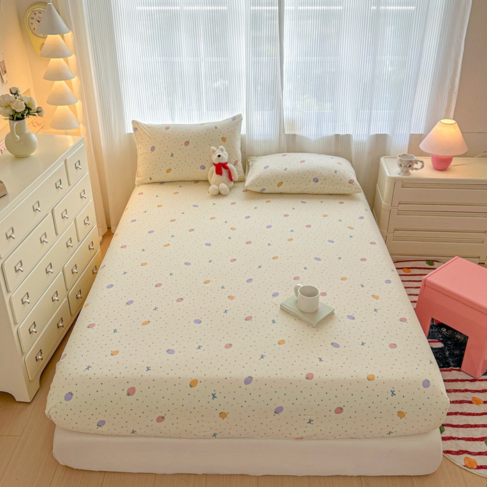 91家纺网 家纺一手货源 找家纺 温眠家纺 2025新款高克重云感双层纱床笠三件套学生床二件套床笠单品 双层纱床笠-草莓波点