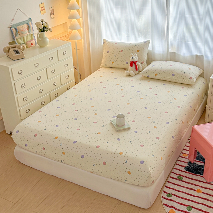 91家纺网 家纺一手货源 找家纺 温眠家纺 2025新款高克重云感双层纱床笠三件套学生床二件套床笠单品 双层纱床笠-草莓波点