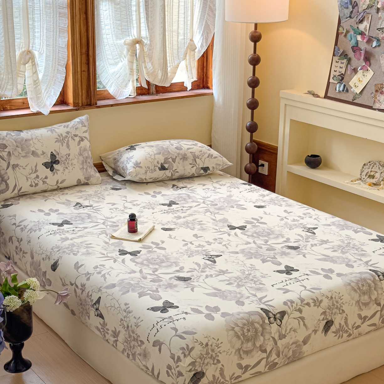 91家纺网 家纺一手货源 找家纺 温眠家纺 2025新款双层纱单件床笠床单 灰色蝶