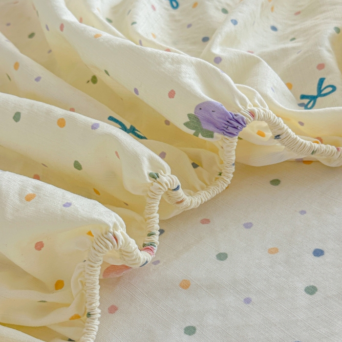 91家纺网 家纺一手货源 找家纺 温眠家纺 2025新款高克重云感双层纱床笠三件套学生床二件套床笠单品 双层纱床笠-草莓波点