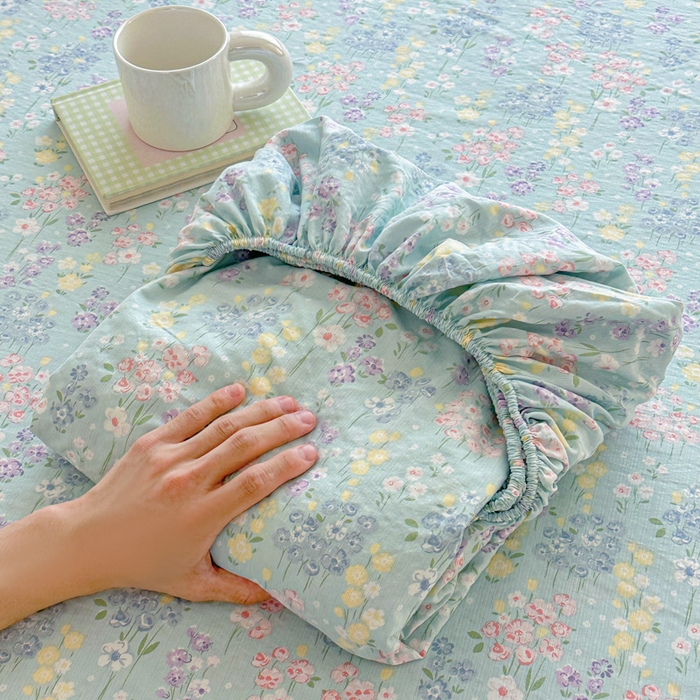 温眠家纺 2025新款高克重云感双层纱床笠三件套学生床二件套床笠单品 双层纱床笠-海棠花颂蓝