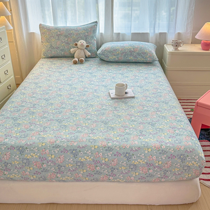 91家纺网 家纺一手货源 找家纺 温眠家纺 2025新款高克重云感双层纱床笠三件套学生床二件套床笠单品 双层纱床笠-海棠花颂蓝