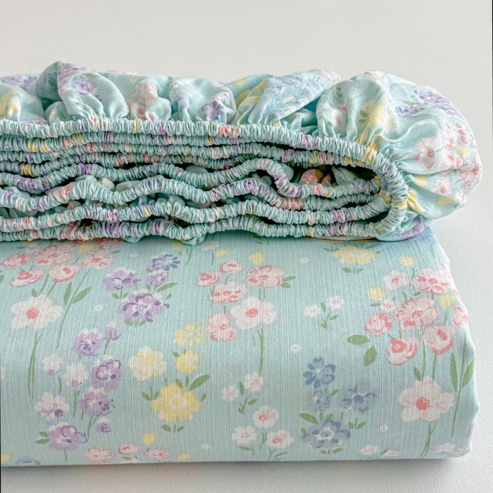 91家纺网 家纺一手货源 找家纺 温眠家纺 2025新款高克重云感双层纱床笠三件套学生床二件套床笠单品 双层纱床笠-海棠花颂蓝