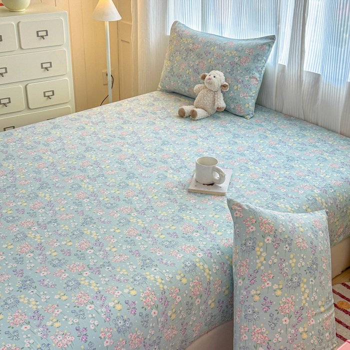 91家纺网 家纺一手货源 找家纺 温眠家纺 2025新款高克重云感双层纱床笠三件套学生床二件套床笠单品 双层纱床笠-海棠花颂蓝