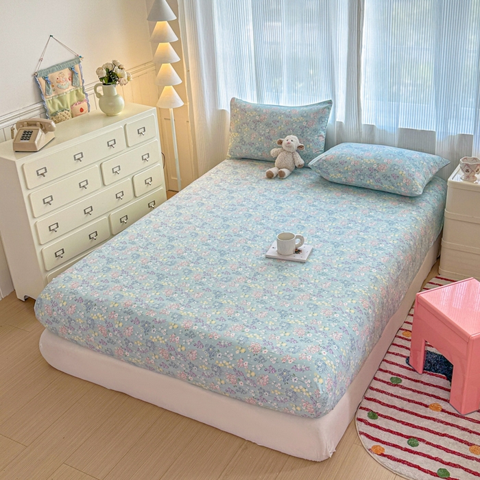 91家纺网 家纺一手货源 找家纺 温眠家纺 2025新款高克重云感双层纱床笠三件套学生床二件套床笠单品 双层纱床笠-海棠花颂蓝