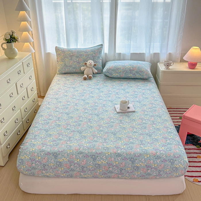 91家纺网 家纺一手货源 找家纺 温眠家纺 2025新款高克重云感双层纱床笠三件套学生床二件套床笠单品 双层纱床笠-海棠花颂蓝