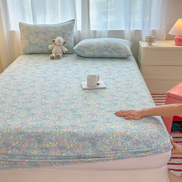 91家纺网 家纺一手货源 找家纺 温眠家纺 2025新款高克重云感双层纱床笠三件套学生床二件套床笠单品 双层纱床笠-海棠花颂蓝